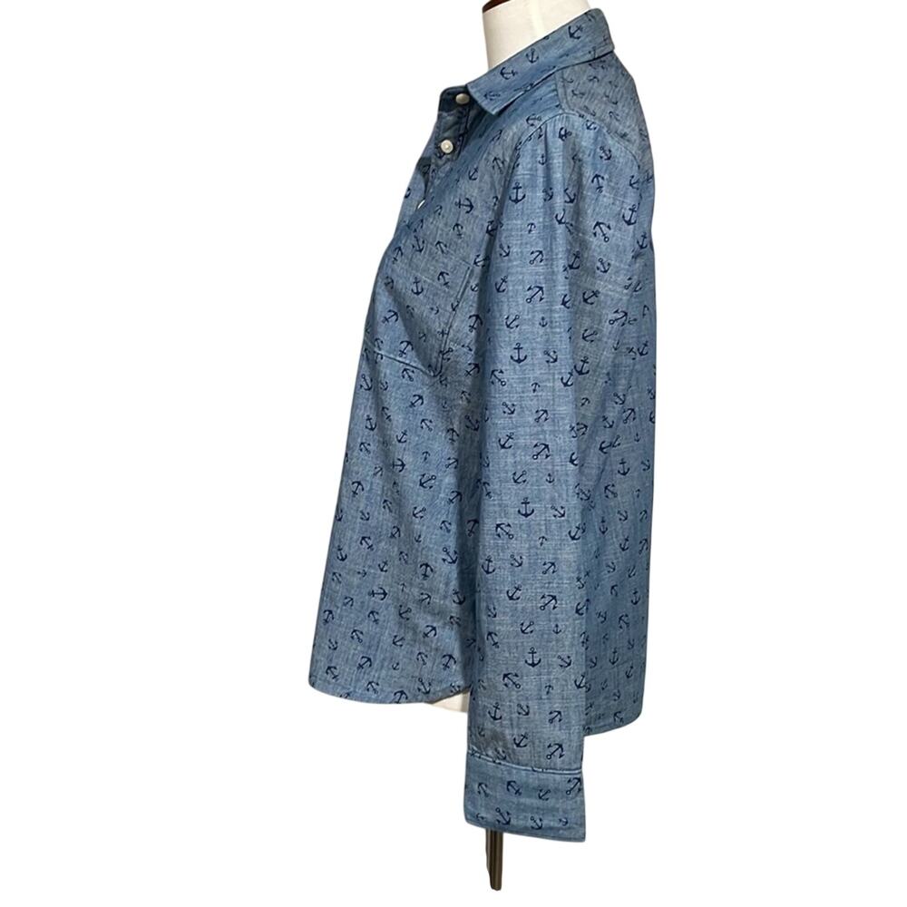 J Crew chambray anchors button-up top Sz XS Preppy Beach Coastal Roomy Cotton - Picture 4 of 8